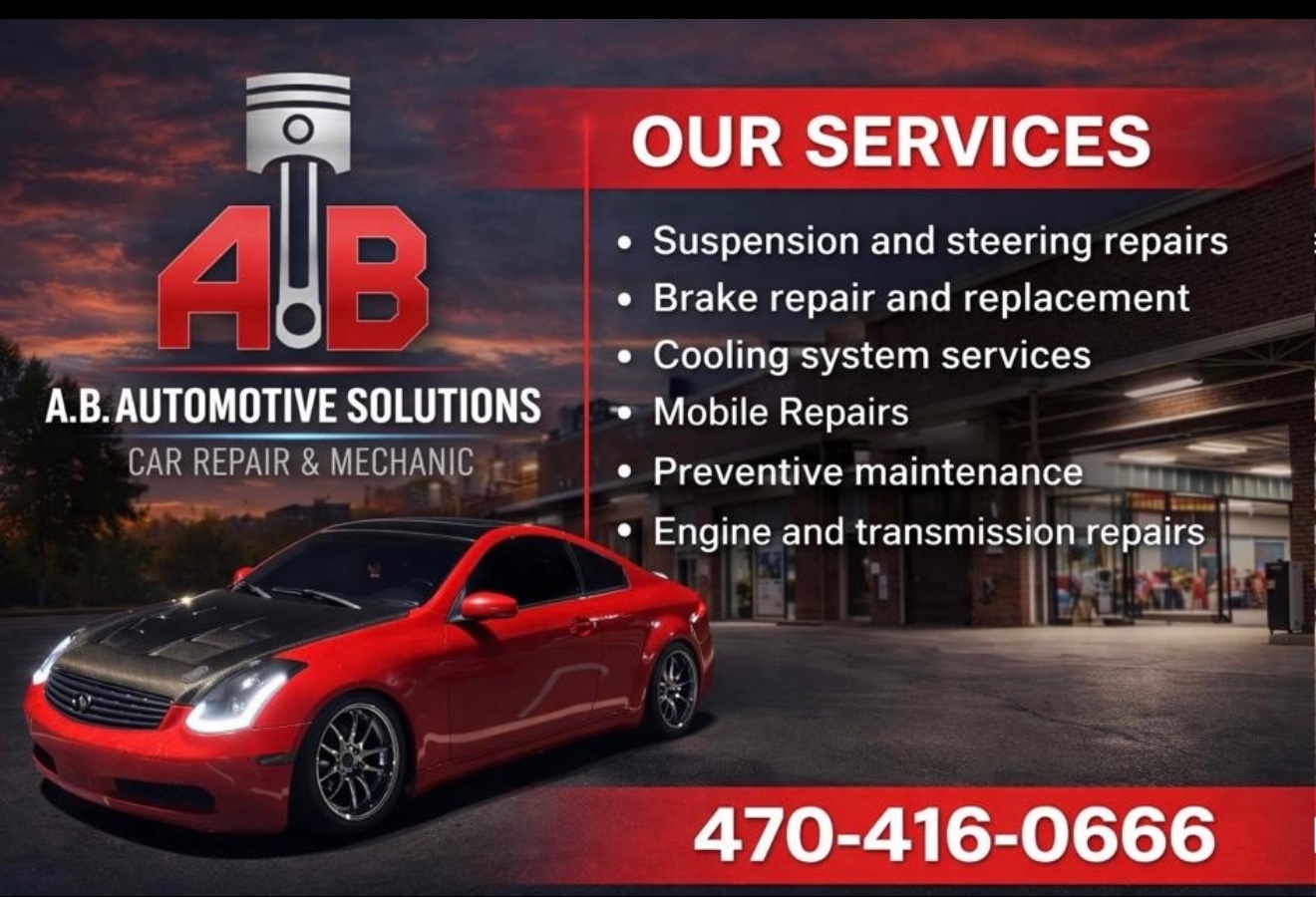 The original A.B. Automotive Solutions business card listing suspension, brake, cooling, mobile, maintenance, and engine repairs